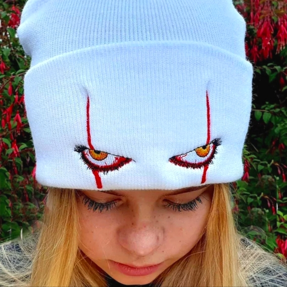Moon Goddess Boutique Accessories - STEVEN KING'S IT BEANIE | Comfy White Embroidered Pennywise Eyes Scully OS